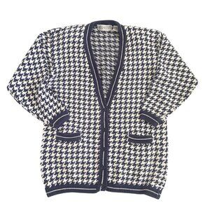 Vintage Kerri N Kelsey Cardigan Sweater Women Large Houndstooth Navy White 90s